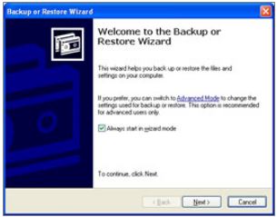 Backup or Restore Wizard window. Select Next.