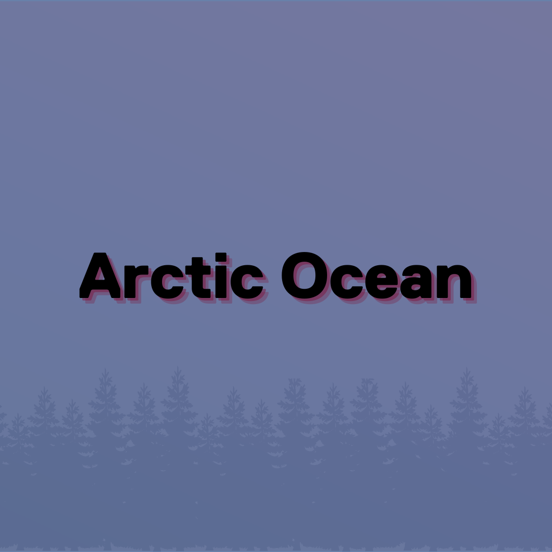arctic ocean written on a blue background with shadowed trees below the text 