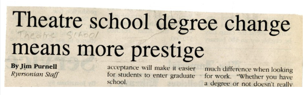 Newspaper clipping headline reads Theatre school degree change means more prestige