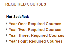 Required Courses section within the Advisement Report includes a list of Not Satisfied required courses listed by year.